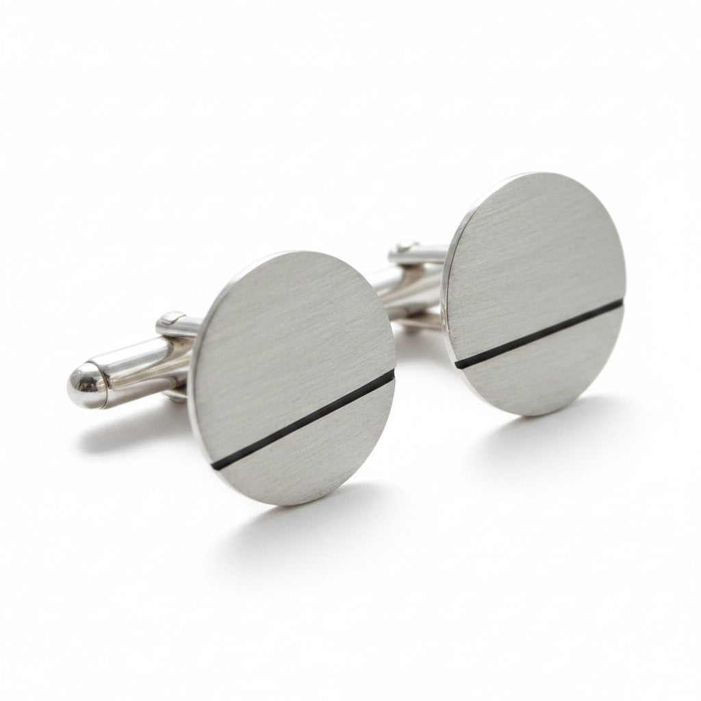 Round Cufflinks with Oxidised Black Line | Modern Geometric | Handcrafted in the UK