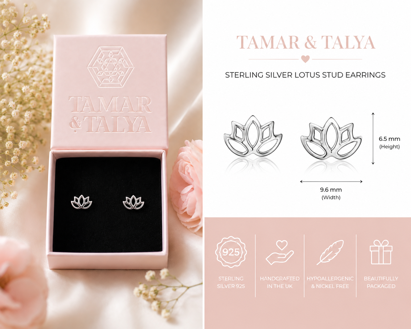 Sterling Silver Lotus Flower Stud Earrings | Handcrafted Spiritual Jewellery | Gift for Her | Tamar & Talya