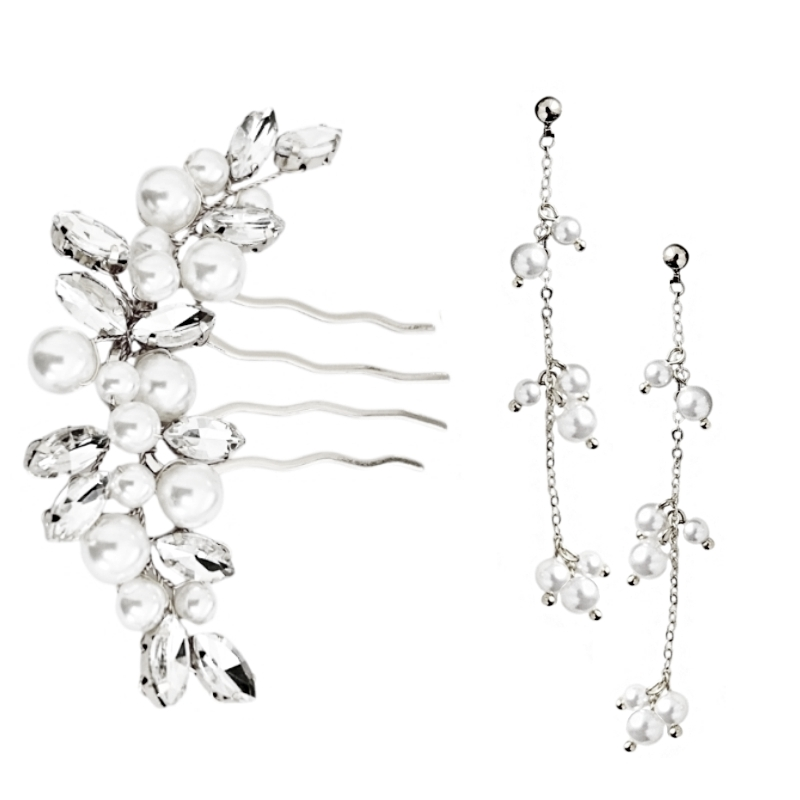 Bridal Hair Comb and Earring Set | Silver Crystal and Pearl Duo | Tamar and Talya