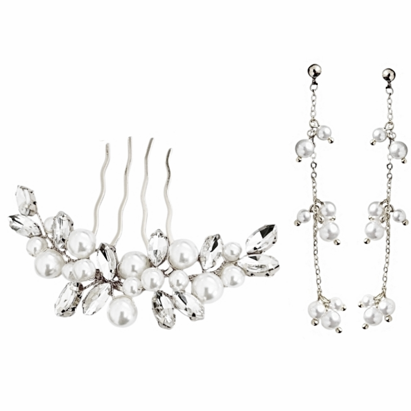 Bridal Hair Comb and Earring Set | Silver Crystal and Pearl Duo | Tamar and Talya