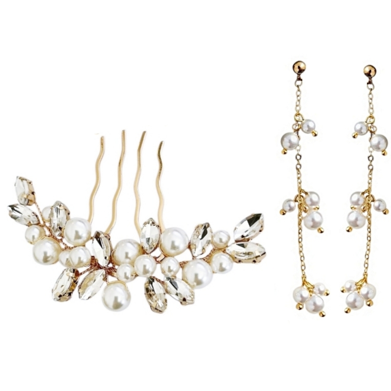 Bridal Hair Comb and Earring Set | Gold Crystal and Pearl Duo | Tamar and Talya