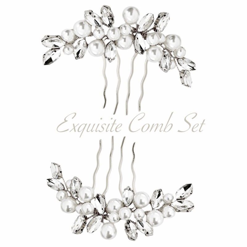 Double Bridal Comb Set | Silver Crystal and Pearl Duo | Tamar and Talya