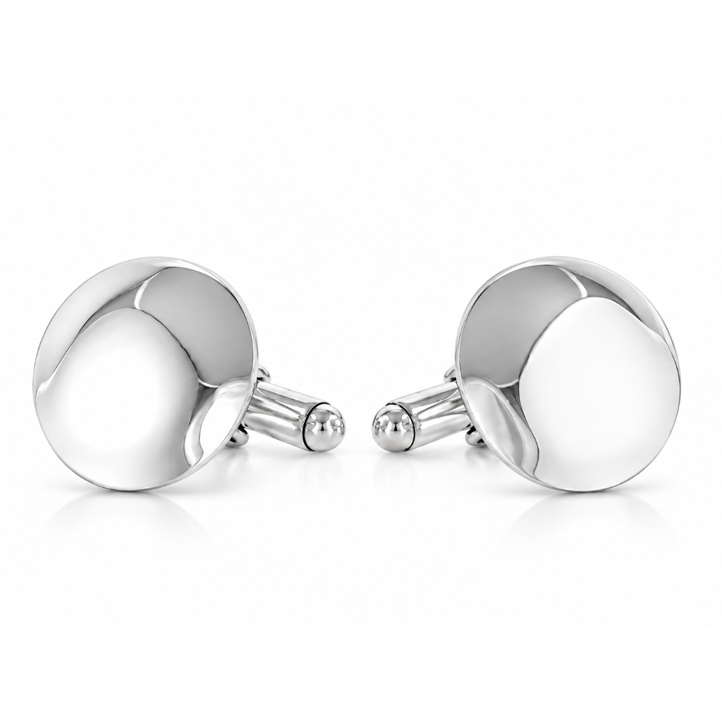 A pair of polished silver oval cufflinks with a glossy, reflective finish and a classic barrel closure, displayed on a clean white background.