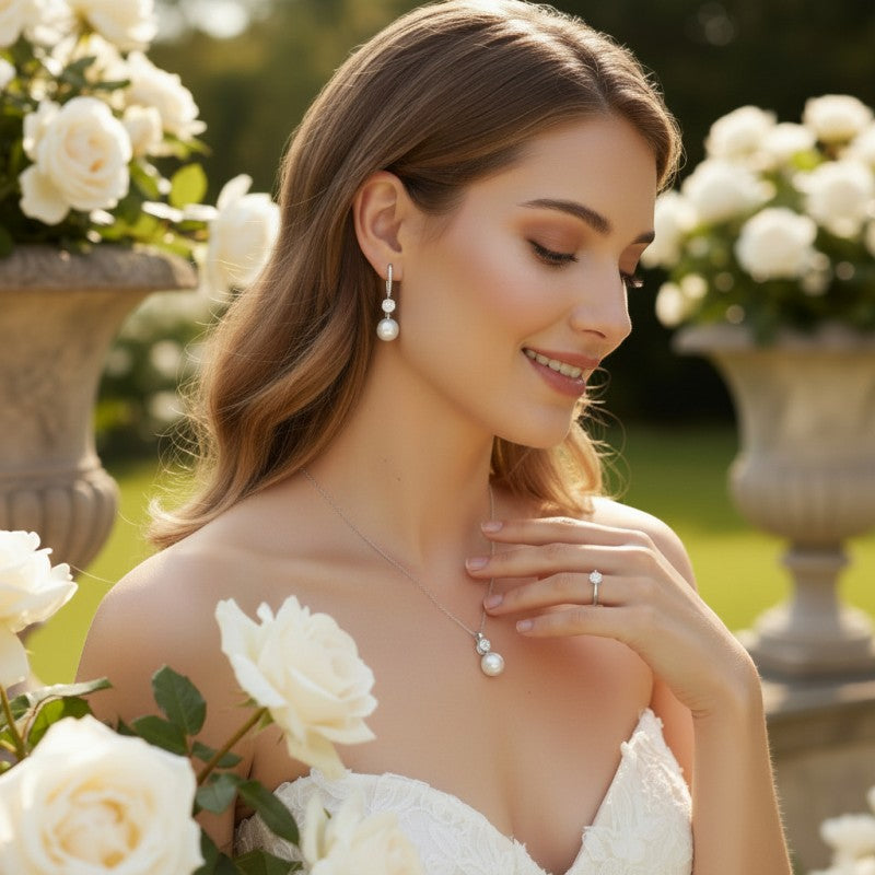 Bridal Necklace and Earring Set | Pearl and Crystal Jewellery | Tamar and Talya