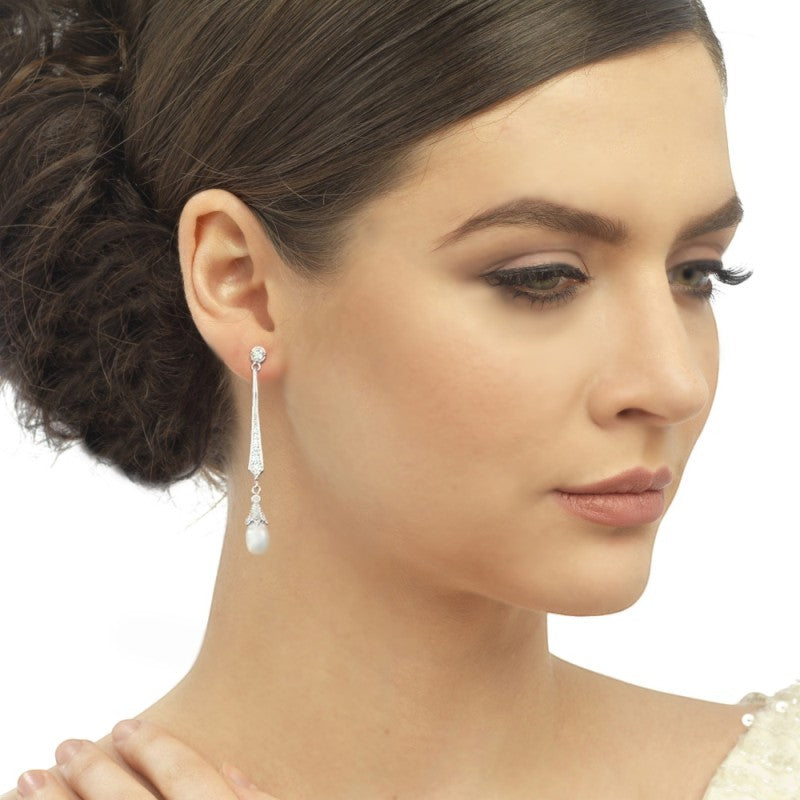 Rose Gold Pearl Drop Earrings | Art Deco Bridal Earrings | Cubic Zirconia & Freshwater Pearl | Wedding Jewellery | Bridesmaid Gift