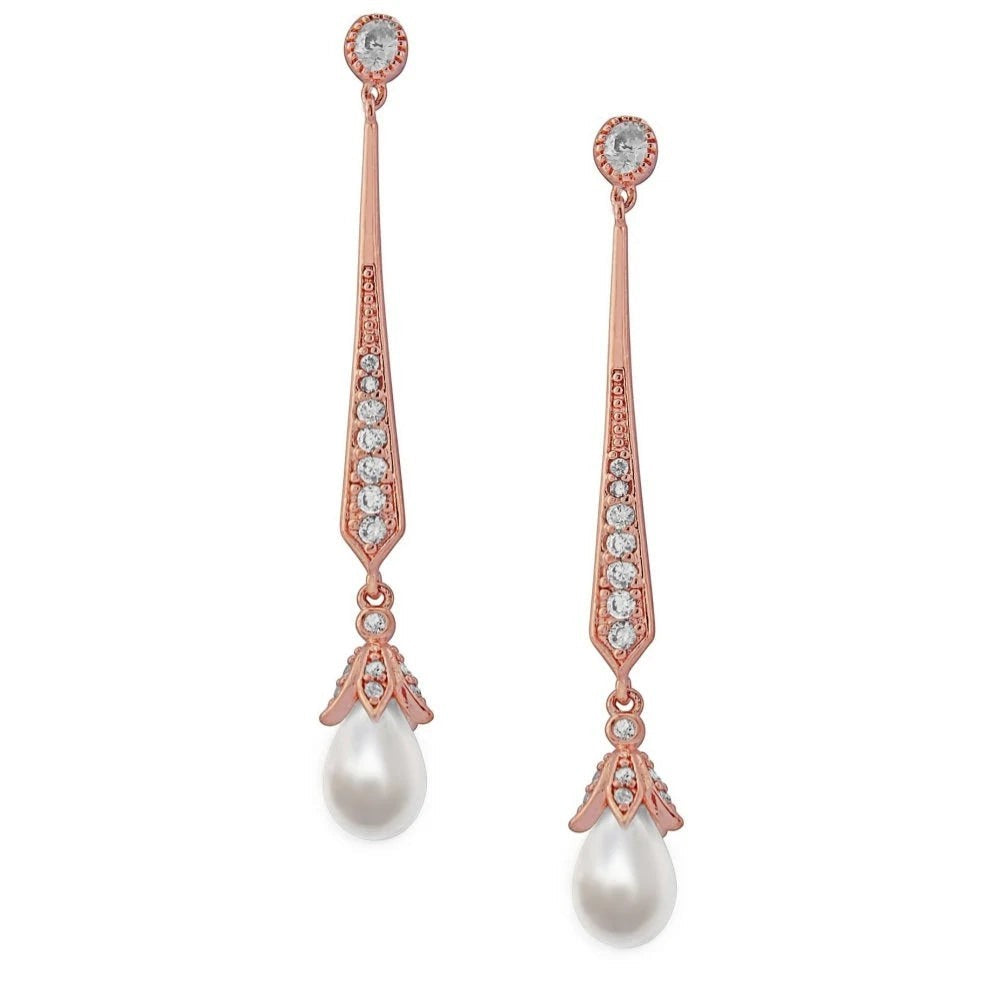 Rose Gold Pearl Drop Earrings | Art Deco Bridal Earrings | Cubic Zirconia & Freshwater Pearl | Wedding Jewellery | Bridesmaid Gift