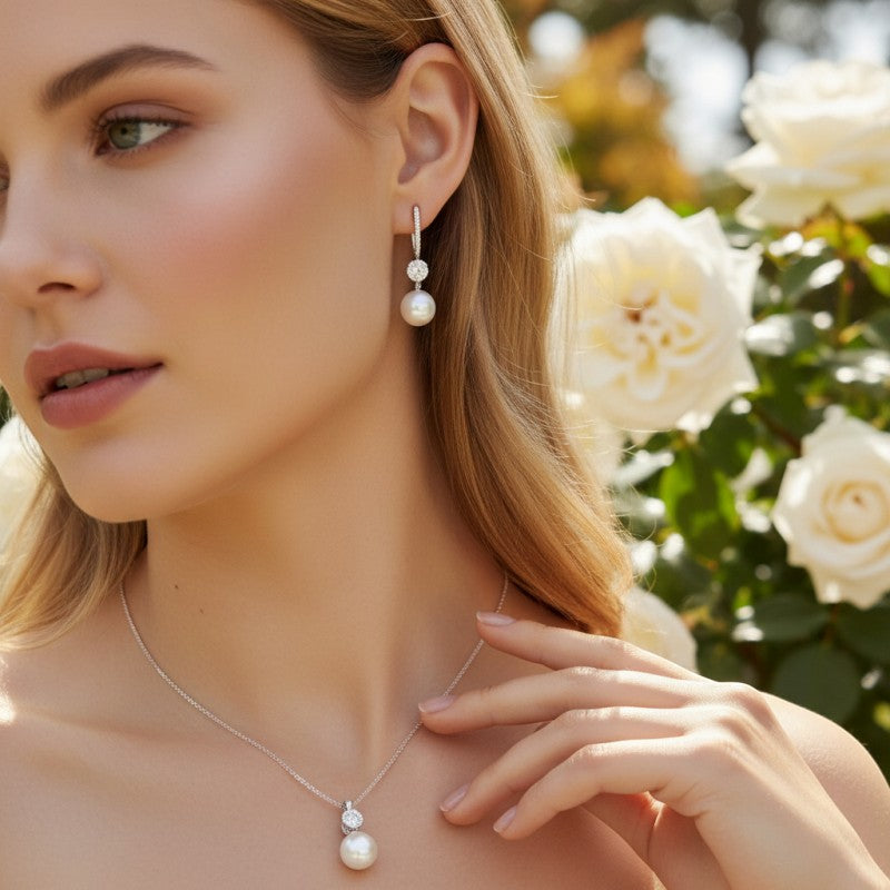 Bridal Necklace and Earring Set | Pearl and Crystal Jewellery | Tamar and Talya
