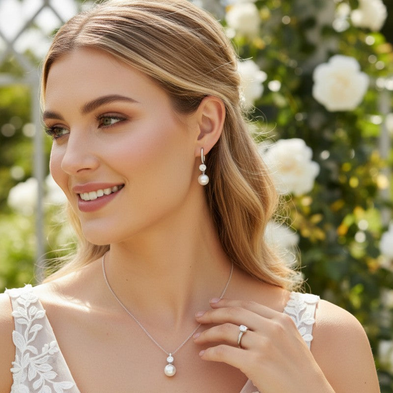 Bridal Necklace and Earring Set | Pearl and Crystal Jewellery | Tamar and Talya