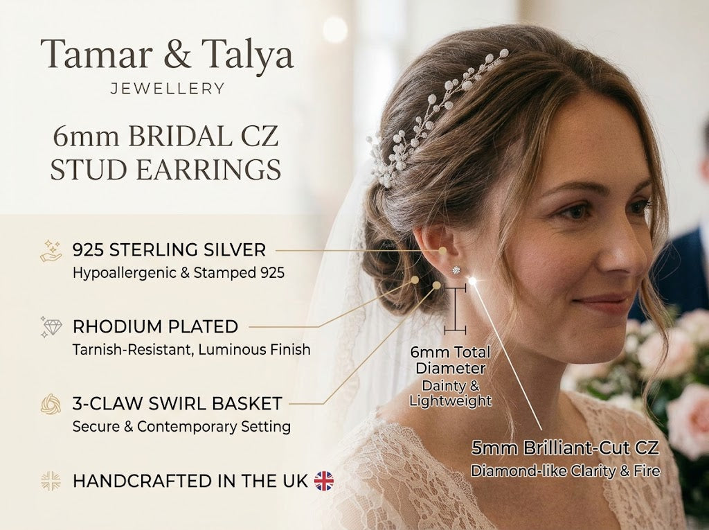 Bridal cz earrings sterling silver with plated rhodium 5mm set crystal studs