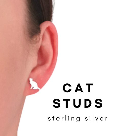cat studs in sterling silver 925 handcrafted cat earrings made in the UK gift wrapped and gift message send a gift christmas gift 2022