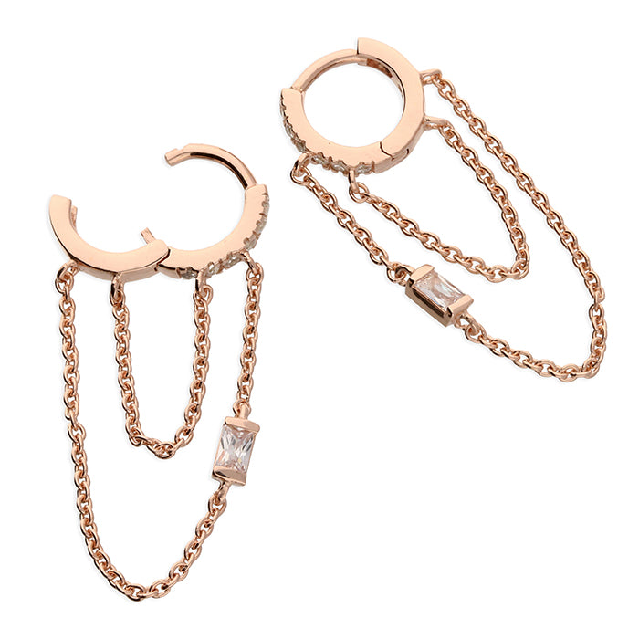 Rose gold cz hinged huggie hoops with cz and chains