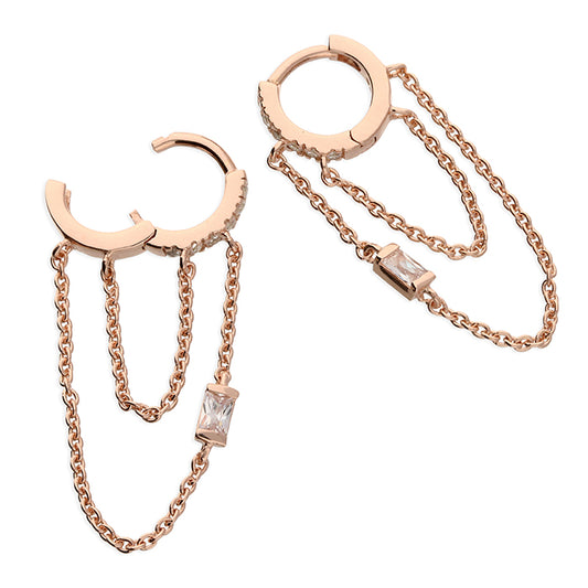 Rose gold cz hinged huggie hoops with cz and chains