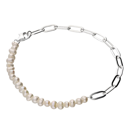 Freshwater pearl and paper chain bracelet sterling silver