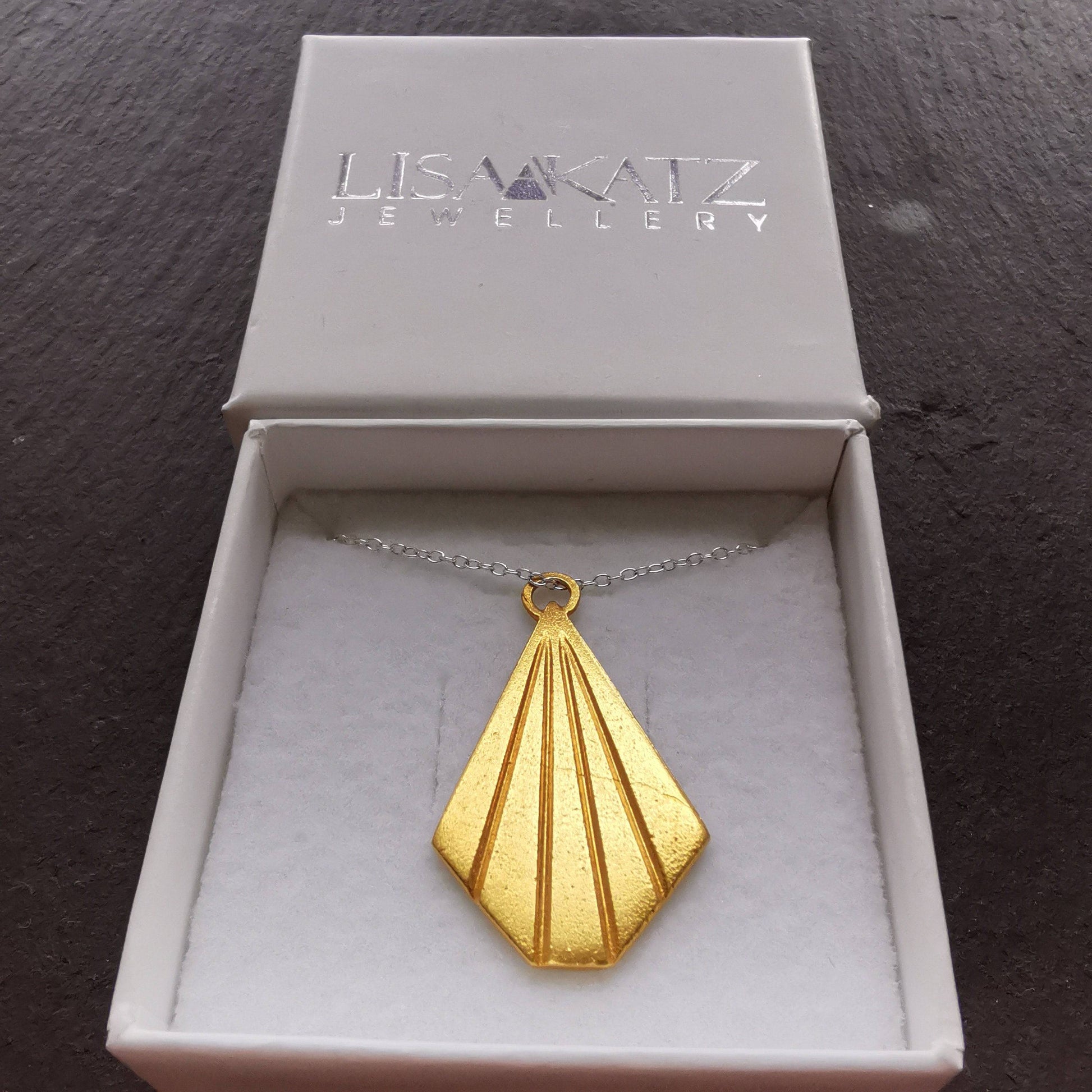 Gold plated deco necklace pendant cast in Sterling silver - Tamar and Talya