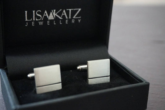 Square cufflinks handcrafted from sterling silver with black line - Tamar and Talya