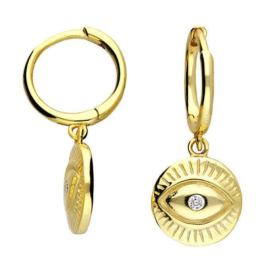 All seeing eye - Yellow gold-plated White cz evil eye charm huggie - Tamar and Talya