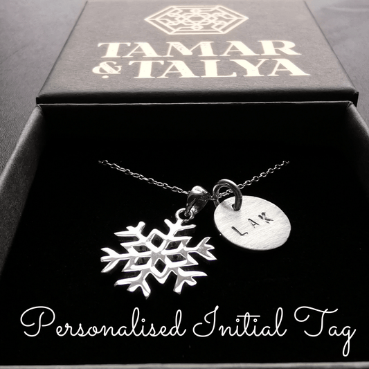Snowflake necklace with personalised initial tag - Tamar and Talya